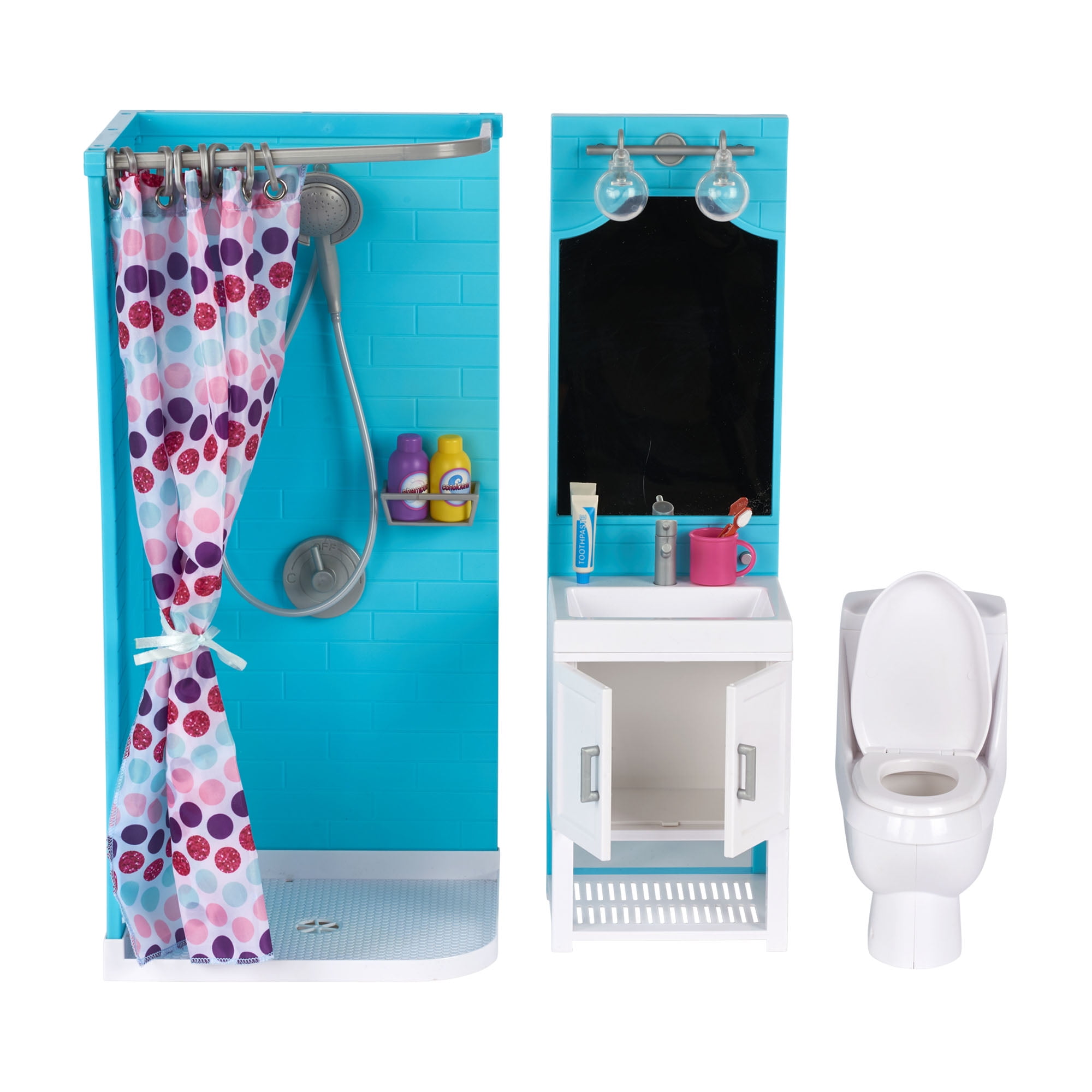 my life as bathroom play set with shower and light-up vanity for 18" doll,  17 pieces