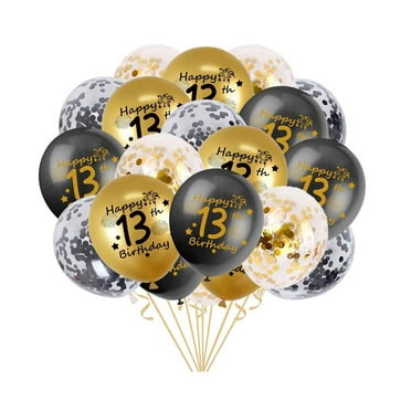 Black Gold Confetti 13th Birthday Balloon Pack - Official Teenager Party Decorations for Boys - 20 Latex Balloons with Ribbons - 13 Year Old Celebration