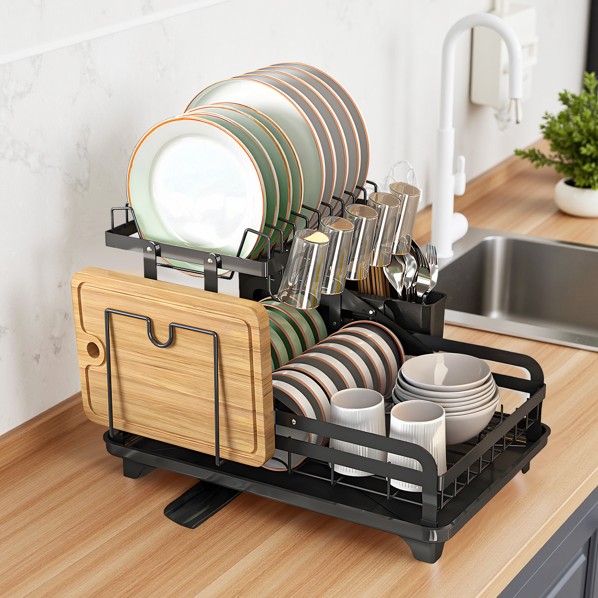 2-Tier Dish Drying Rack,Carbon Steel Dish Rack with Cutlery Holder for Kitchen Counter,Black