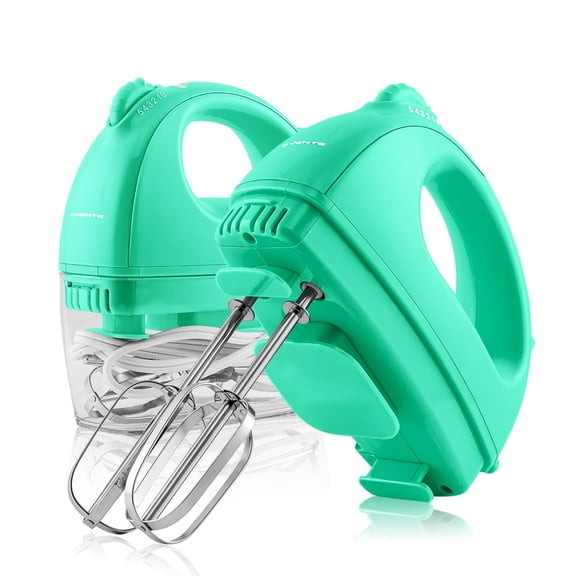 OVENTE Portable Electric Hand Mixer 5 Speed Mixing, 150W Powerful Blender for Baking & Cooking with 2 Stainless Steel Chrome Beater Attachments & Snap Clear Case Compact Easy Storage, Turquoise HM161