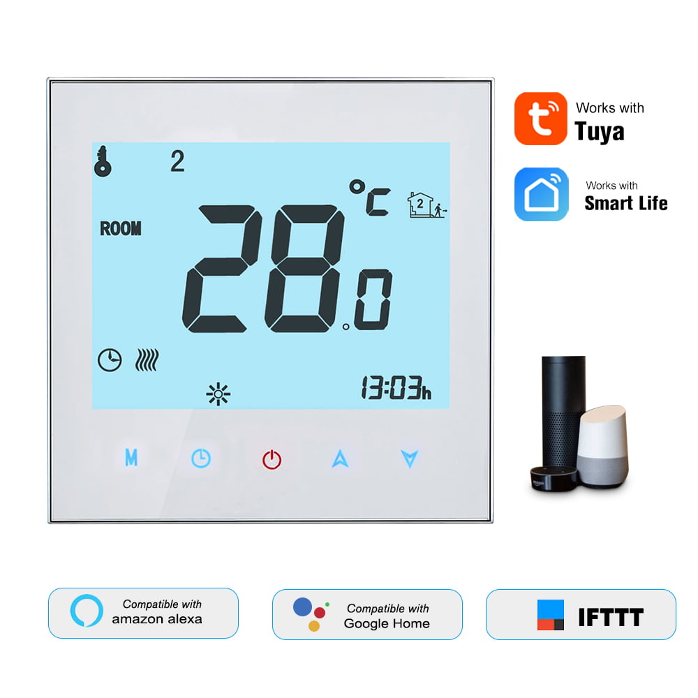 Gas Boiler Thermostat,Programmable Gas Boiler Heating Thermostat Dry Contact Temperature Controller Touchscreen LCD with Backlight Voice Control Compatible with  Echo/Google Home/IFTTT