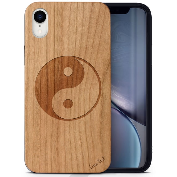 Case Yard Wooden Case Outside Soft TPU Silicone, Slim Fit Shockproof Wood Protective Phone Cover for Girls Boys Men and Women, Supports Wireless Charging Yin Yang Design case for iPhone-XR