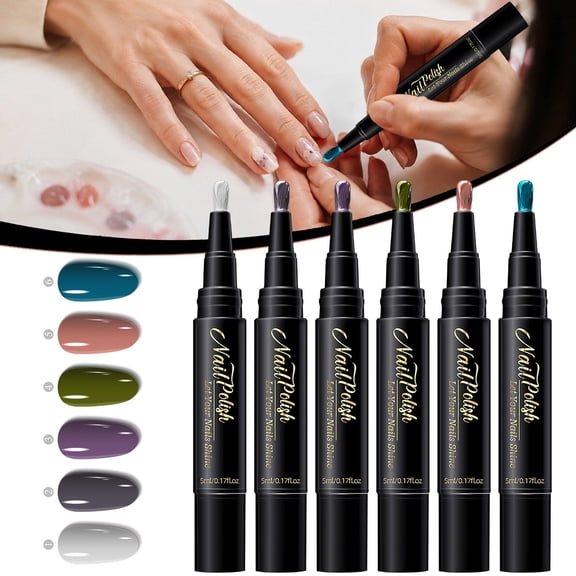 Nail Polish Pen Set, 6-Piece Water-Based Quick-Dry Nail Art Pens with Brush Tip, No UV LED Lamp Needed, 5 ml DIY Manicure Kit
