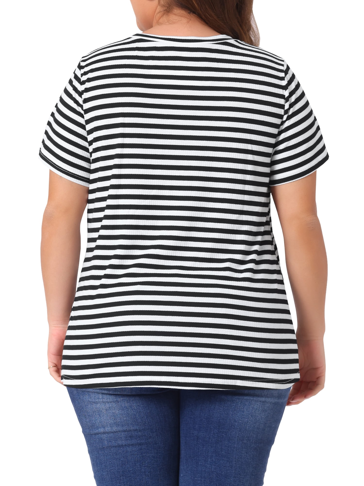 Unique Bargains Women's Plus Size Short Sleeve Crew Neck Striped Top 2X Black White