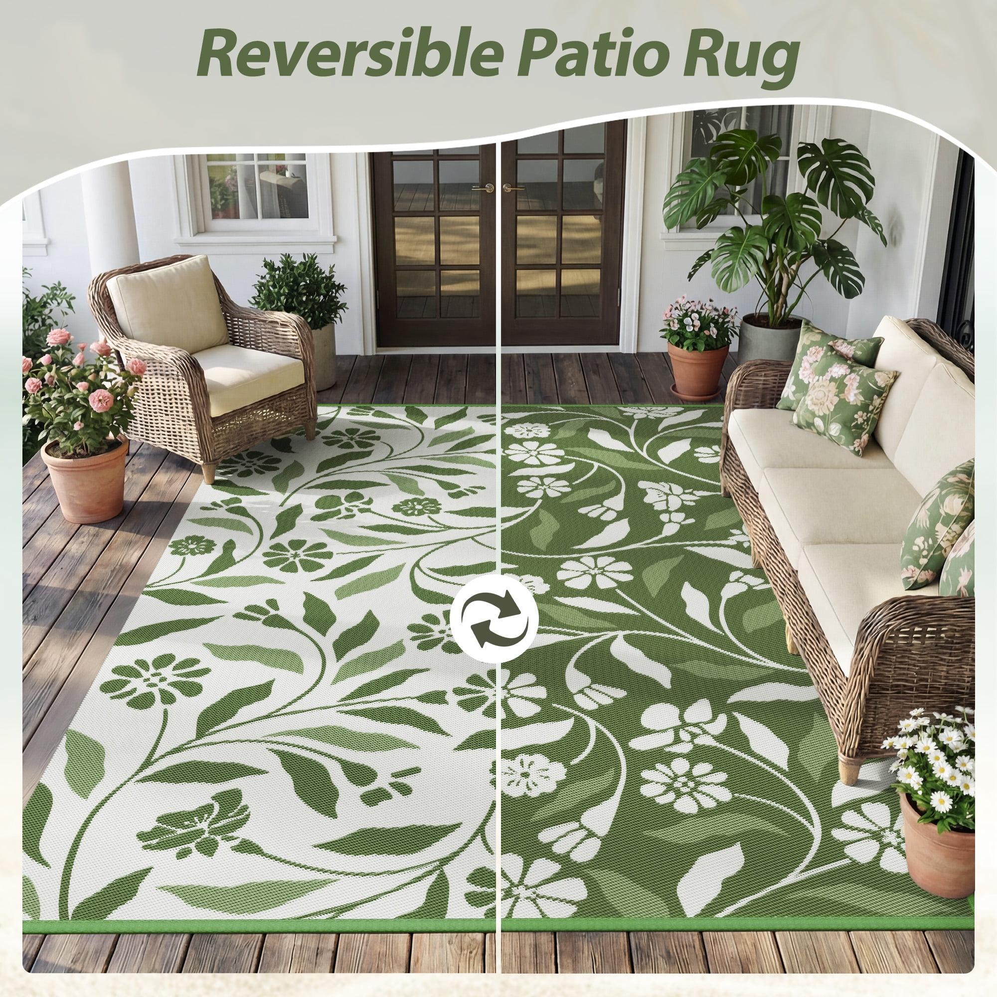 SIXHOME Outdoor Rug 5'x8' Waterproof Reversible Patio Rug Boho Geometric Indoor Outdoor Rugs Lightweight Plastic Straw Ourdoor Carpet for RV Camping Deck Balcony Modern Porch Decor Green