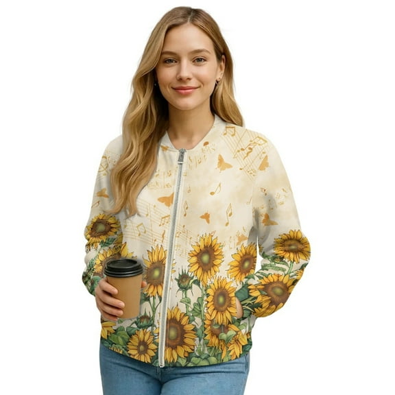 SCRAWLGOD Sunflower Musical Notes Butterfly Beige Womens Zip Up Long Sleeve Crewneck Sweatshirt Jacket Casual Loose Coats With Pockets Stylish Comfortable Lightweight Outerwear, S