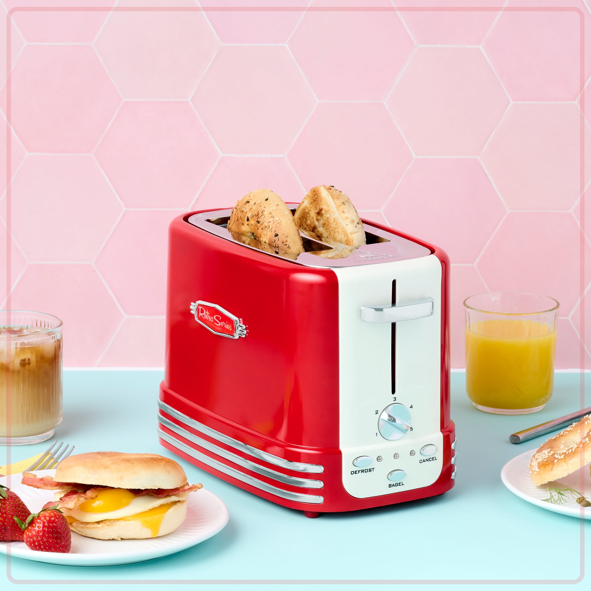 Nostalgia Retro 2 Slice Toaster, Vintage Toaster Oven for Bagels and Thick Bread, Red
