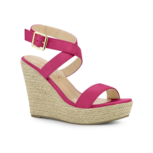 BLISSFUL STEP Chaussures pour Femmes Sandales Espadrilles à Talon Compensé Slingback à Brides Croisées Rose Vif 7