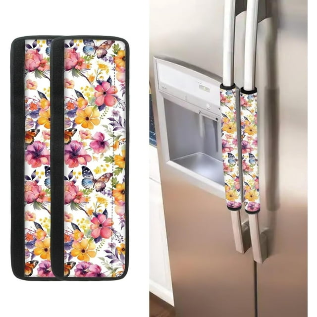 NETILGEN Refrigerator Door Handle Covers 2 Pcs Set, Kitchen Appliance Decorative Mat for Fridge Dishwashers Microwave Watercolor Flower Butterfly Print