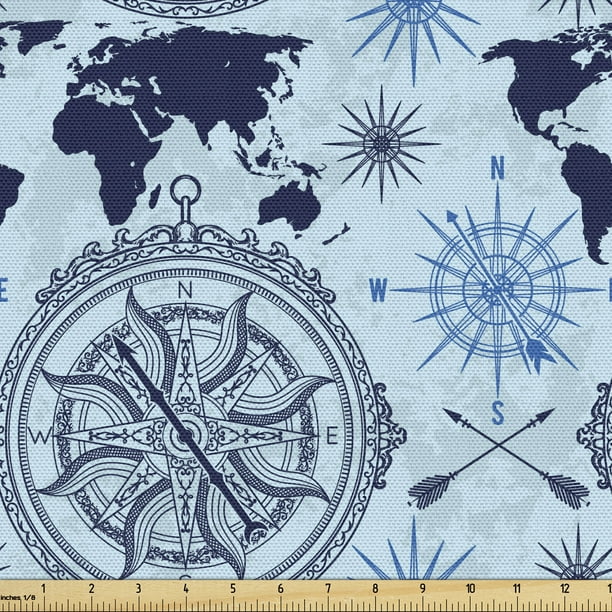 Compass Fabric by the Yard, World Map Pattern Vintage Inspirations