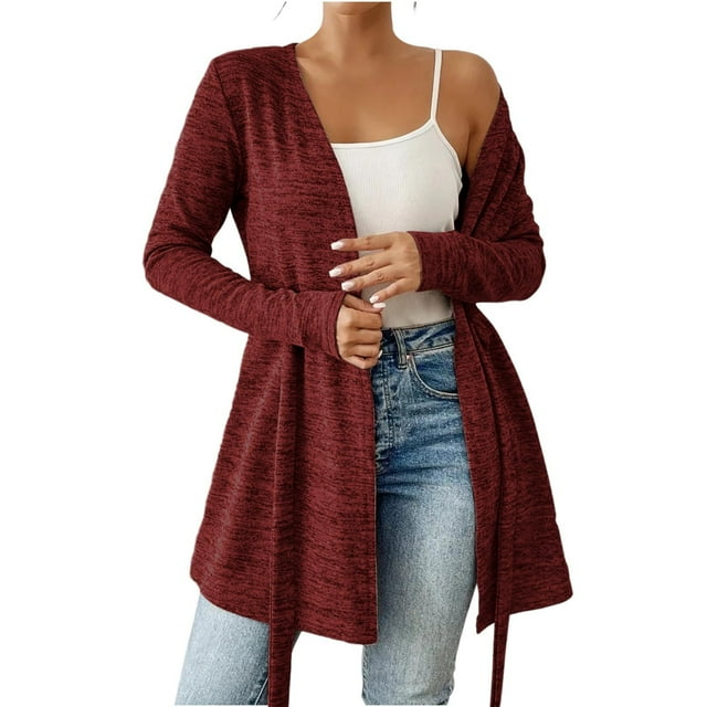 Womens Long Cardigan Lightweight Knitted Sweaters Lace-up Long Sleeve Open Front Sweater Coat