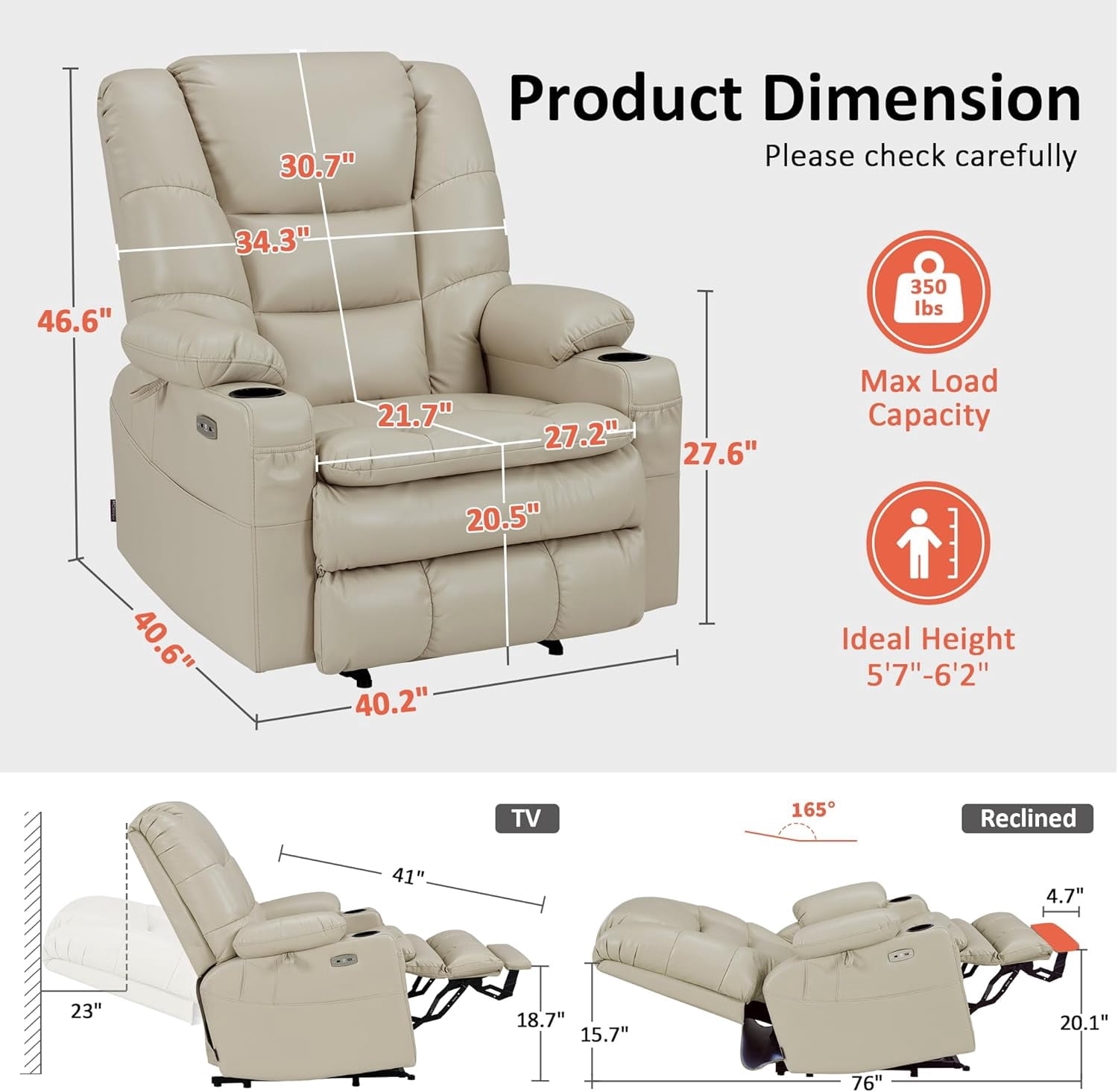 MCombo Oversized Triple Motor Power Lift Recliner with Adjustable Headrest for Big Tall Elderly, Faux Leather(Beige, Large-Wide)