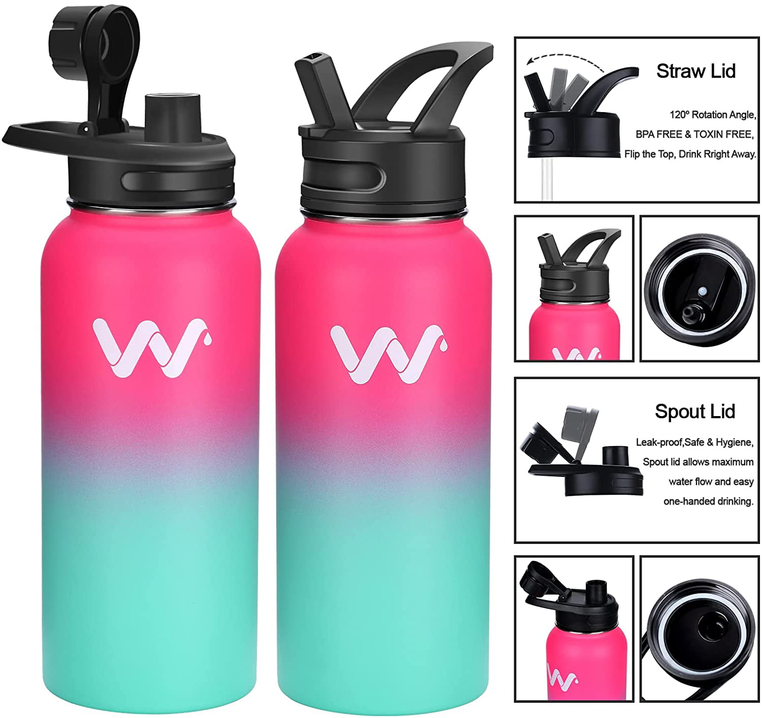Pink Insulated Water Bottle - Includes 3 Lids (Straw Lid, Spout/Chug, Carabiner Handle), Leak Proof - 32 oz Water Bottles - by Onebottle