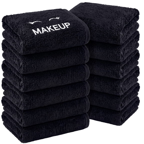 White Classic Bleach Safe Black Makeup Towels - Luxury Ultra Soft Cotton Face Makeup Washcloth for Make up Removal, Home Bathroom Black Cloth Face Towels 12 pack, Black