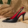 thumbnail image 4 of [On feet & in love] Women's Faux Leather Pointed Toe Slingback Stilettos - Geometric Buckle Detail Dress Pumps with Elastic Ankle Strap,Black,5.5, 4 of 7