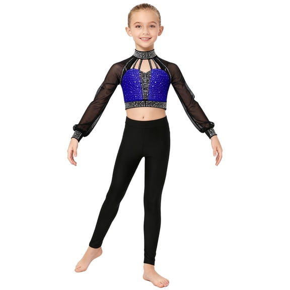 Zaldita Kids Girls Shiny Rhinestone Long Sleeve Dance Crop Top with Figure Skating Leggings Set Performance Dancewear Blue 14