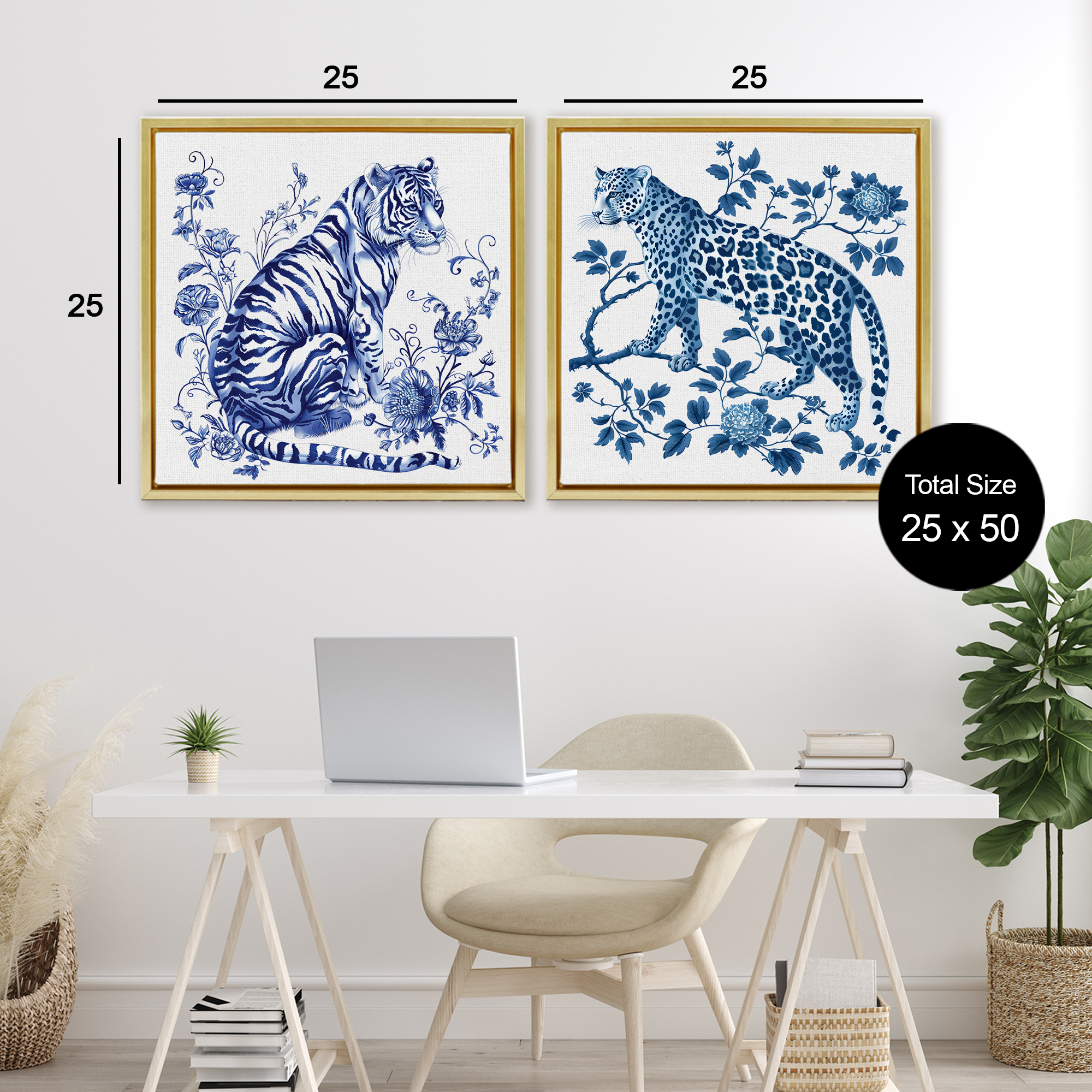 Ornate & Detailed Large Cats 2 Piece Gold Framed Floater Canvas Set, design by Lettered and Lined