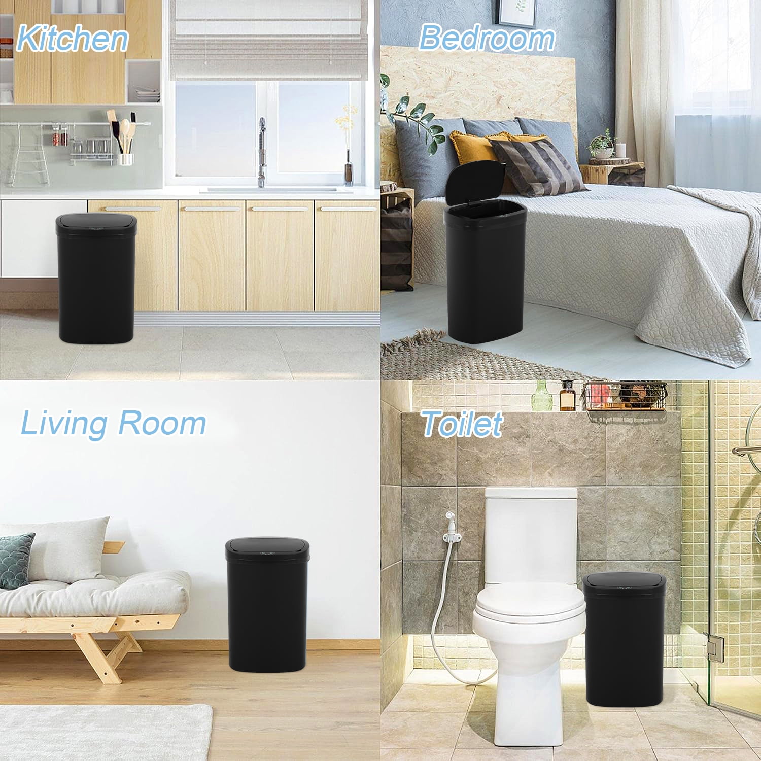 NiamVelo Kitchen Trash Can with Lid, 13 Gallon Automatic Garbage Can Plastic Touchless Trash Can for Kitchen Bedroom Bathroom Office,Black