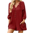 thumbnail image 2 of Summer Jumpsuits for Women Casual Cotton V Neck Short Sleeve Button-Down Loose Fit Rompers with Pockets Wine S, 2 of 9