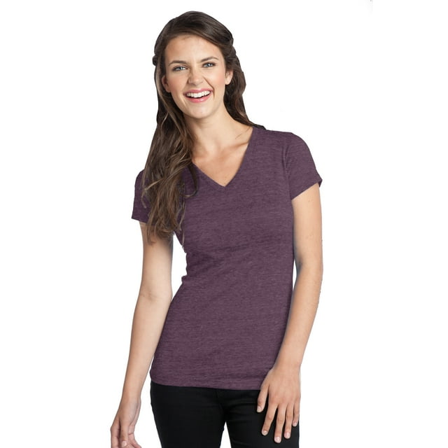 DISCONTINUADO Camiseta Tri-Blend con cuello en V de District Juniors XS Berenjena Heather Distrito DT242V