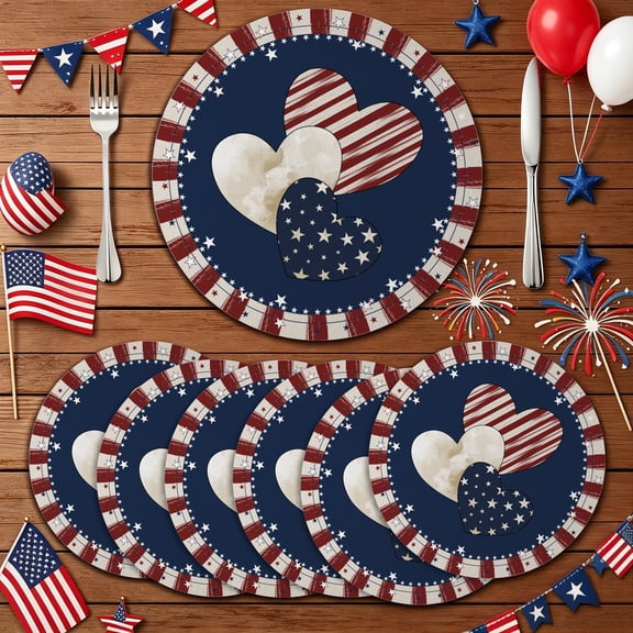 MIZHONA 4th of July Patriotic Round Placemats Set of 6 American Flag Memorial Day Table Place Mats four of july decorations 14 inch
