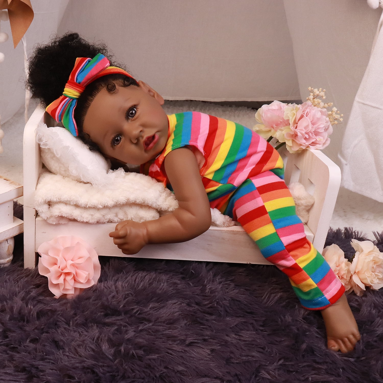 Takanini Reborn Baby Dolls African American Silicone Limbs Realistic Baby Doll with Soft Body Birthday Gift