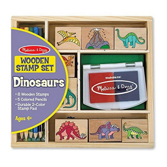 Melissa & Doug Wooden Stamp Set:  Dinosaurs - 8 Stamps, 5 Colored Pencils, 2-Color Stamp Pad
