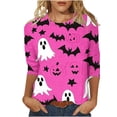 thumbnail image 2 of Women Halloween Ghost Pumpkin Bat All Over Print Crew Neck 3/4 Sleeve Casual T-Shirt Hot Pink L, 2 of 5