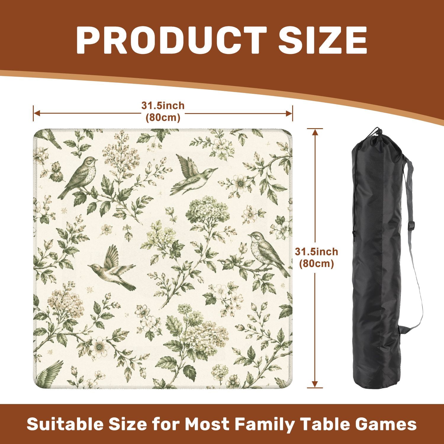 Mahjong Mat 31.5" x 31.5" Vintage Botanical Birds Flowers Green Monochrome Non-Slip Noise Reduction American Mahjong Tiles Table Cover for Dominoes Poker Card Board Games Gift