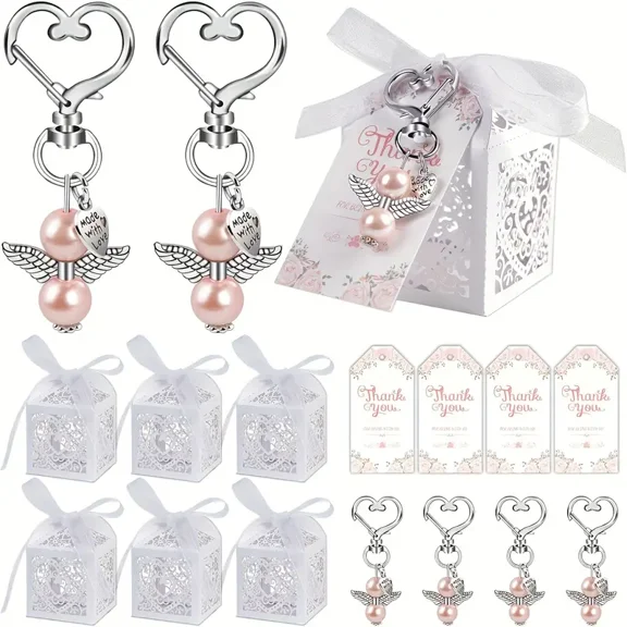 72-Pack Angel Keychain Gift Set - Pearl Accent Heart-Shaped Baptism Favors with Thank You Cards & Gift Boxes - Baby Shower, Wedding, Birthday Party Guest Gifts