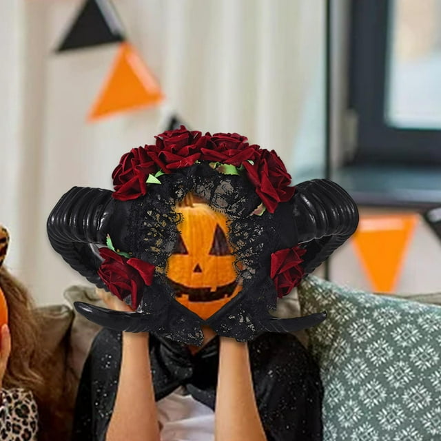 Rose Floral Devil Sheep Headband Accesorios para el cabello Aro para el cabello para fiesta de Halloween Photo Props Fancy Dress up Yinane aro de pelo