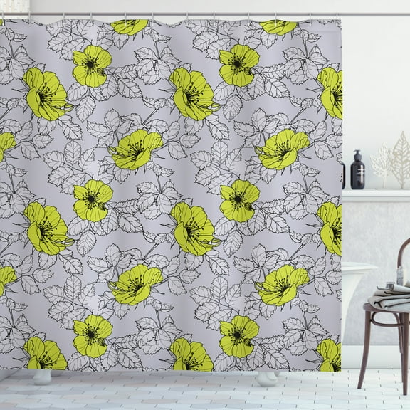 Floral Shower Curtain, Repetitive Pattern of Poppy Flowers and Greyscale Toned Leaves, Fabric Bathroom Set with Hooks, 69W X 84L Inches Extra Long, Pale Taupe and Yellow Green, by Ambesonne