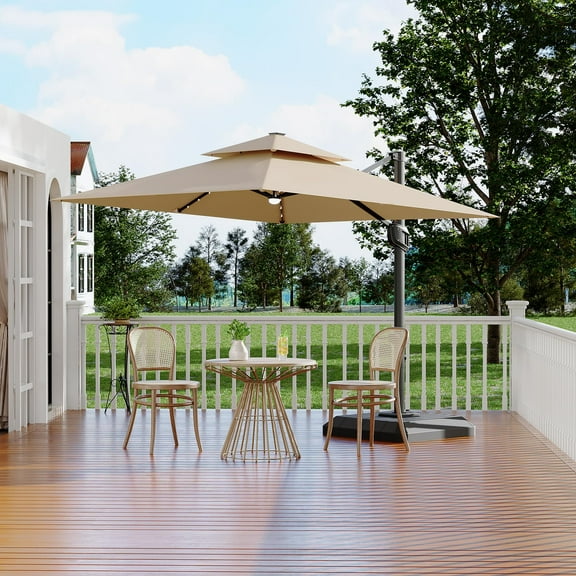 Danolapsi 10ft Cantilever Patio Umbrella with Base Included, 360 Rotation Double Top Rectangle Offset Patio Umbrella with Solar Lights and 8 Steel Ribs, for Backyard, Deck & Pool