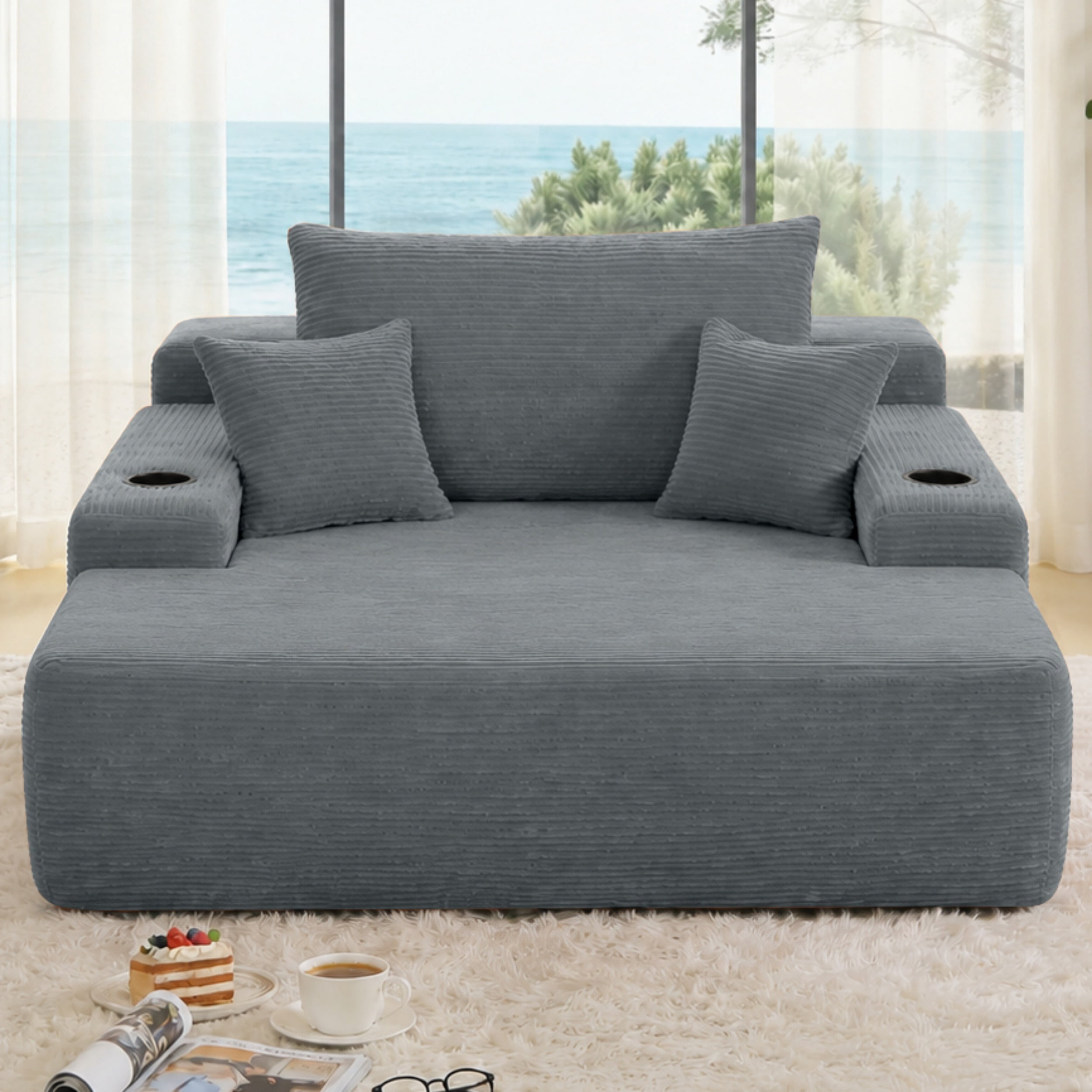 47.2'' No Assembly Compressed Sofa Chair, Deep Seat Chaise Lounge with Cup Holder & Storage Pocket, Boneless Sleeper Sofa Bed Armchair
