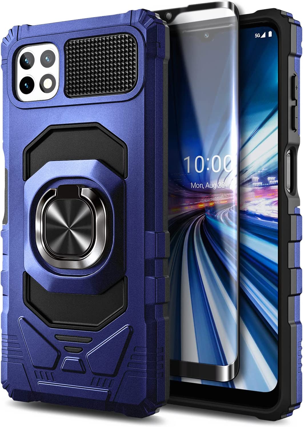 Boost Mobile Celero 5G Phone Case with Tempered Glass Screen Protector (Full Coverage), Nagebee Full-Body [Military-Grade], Magnetic Car Mount Ring Holder, Heavy-Duty Durable Case (Blue)