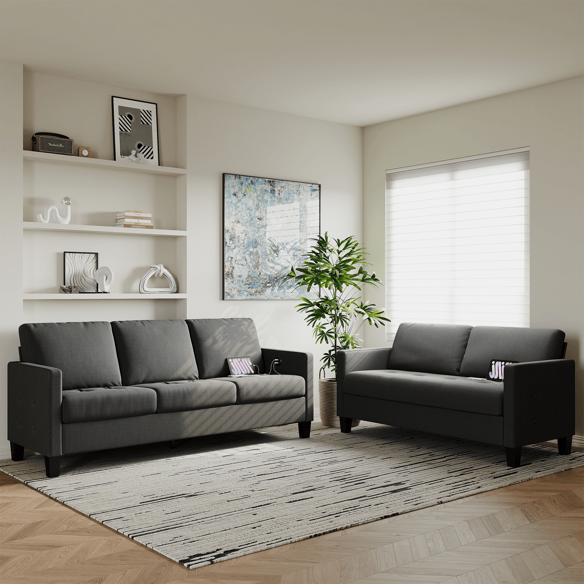 Coewske 57"W Comfy Loveseat Sofa with USB 2 Seater Tufted Deep Love Seat Couches, Dark Grey