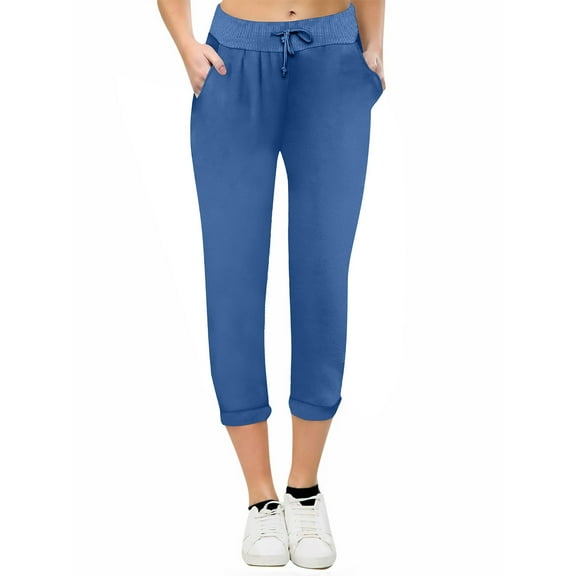 Women's Capris Pants Casual Solid Color Elastic Waisted Drawstring Straight Leg Pencil Pants Blue L