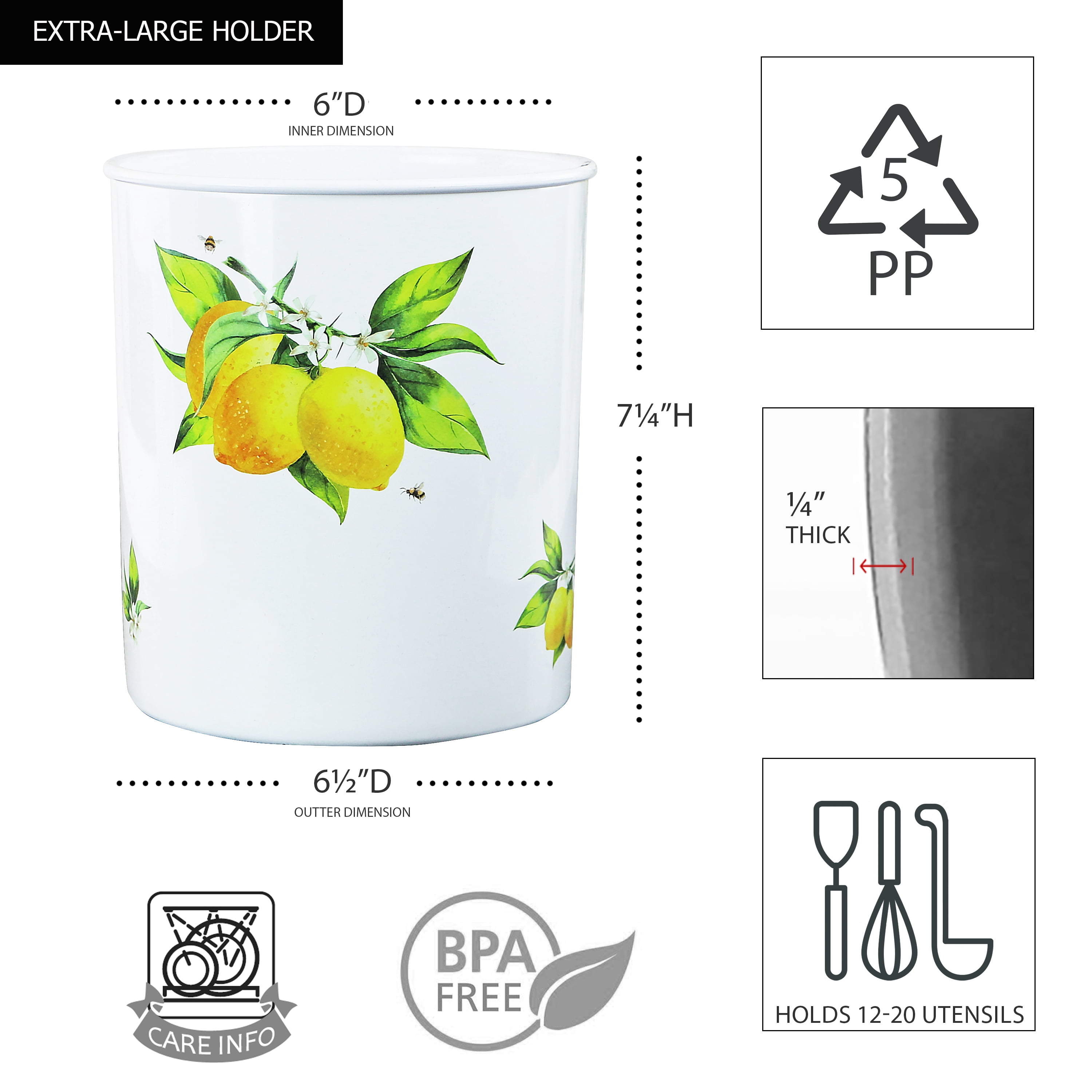 Durable Plastic Countertop Extra Large Utensil Crock/Holder, Fresh Lemons