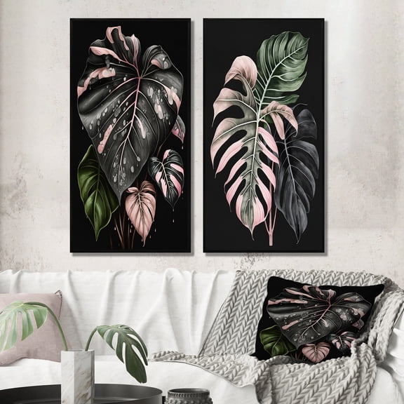 Designart "Graceful Pink and White Philodendron Leaf I" Floral Framed Wall Art Set Of 2 - Black Floral Framed Canvas Set For Living Room Decor