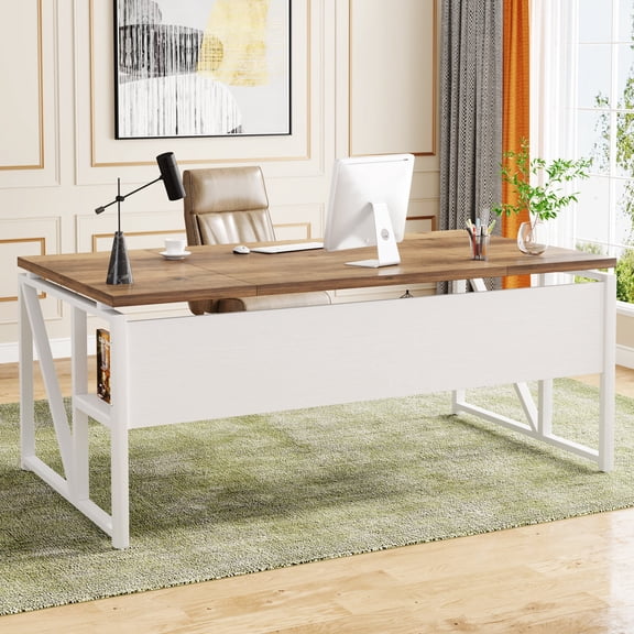 Tribesigns 63-Inch Compute Desk With Storage Shelf (Oak Brown and White)