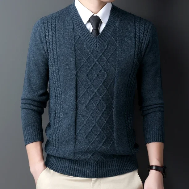 Otoño e invierno 2024 Nuevo suéter de jacquard grueso con cuello en V para hombre, suéter superior, ropa para hombre, ropa para hombre, jersey para hombre