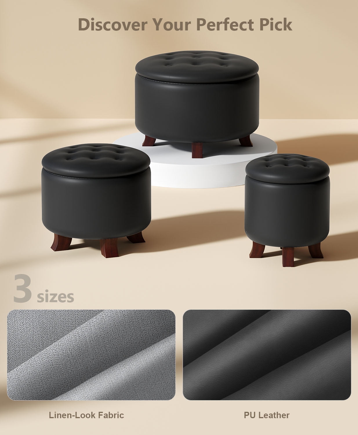OSM Ottoman,Round Leather Foot Rest Stool, Upholstered Small Ottoman Chair with Storage for Living Room & Bedroom, Decorative Home Furniture, Black
