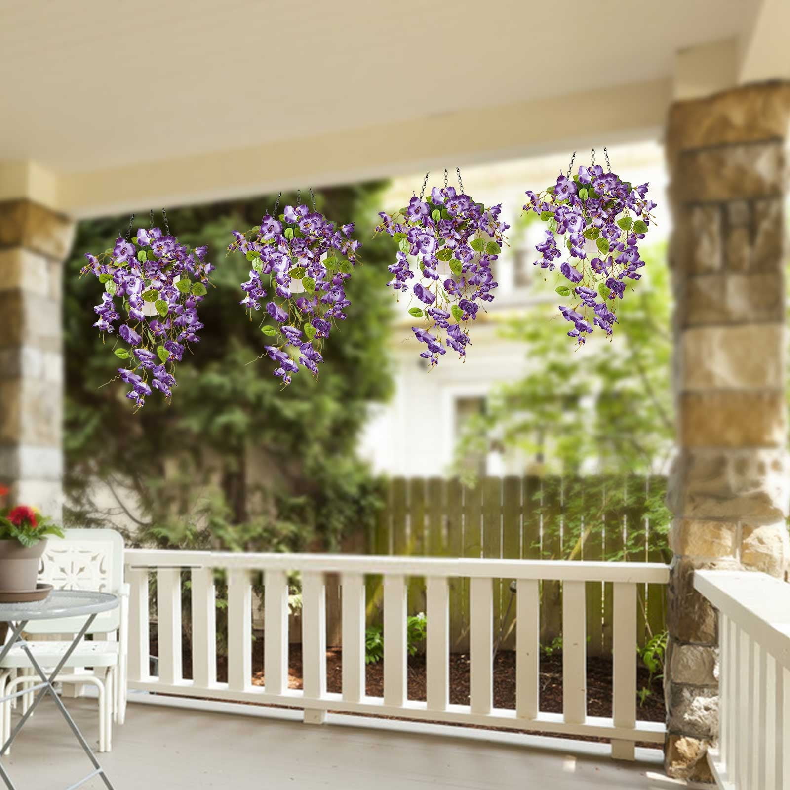 4pcs Artificial Fake Hanging Hibiscus Flowers Plants Baskets for Outdoor Outside Spring Summer Decoration, Faux Silk Hibiscus Long Vines in Planter UV Resistant Realistic Flowers