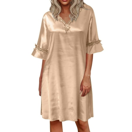 

ZHAGHMIN Ruffle Short V-Neck Top Casual Shorts Summer Two-Piece Set Women Casual Solid Dress Short Sleeve V Neck Lace Dress Pullover Loose Dress Pajama Nightgown Sleep Wear Summer Short Sleep Shirt