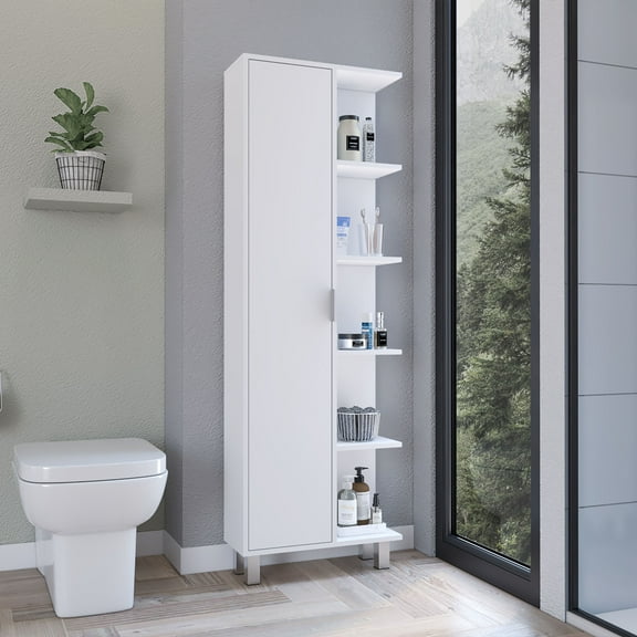 Wooden Cabinets, Keller Linen Cabinet 63" H, with 1 door and 9 shelves, White,, White Living Room Cabinets,Engineered Wood Cabinets With Doors, Furniture Primary Living Space Cabinets