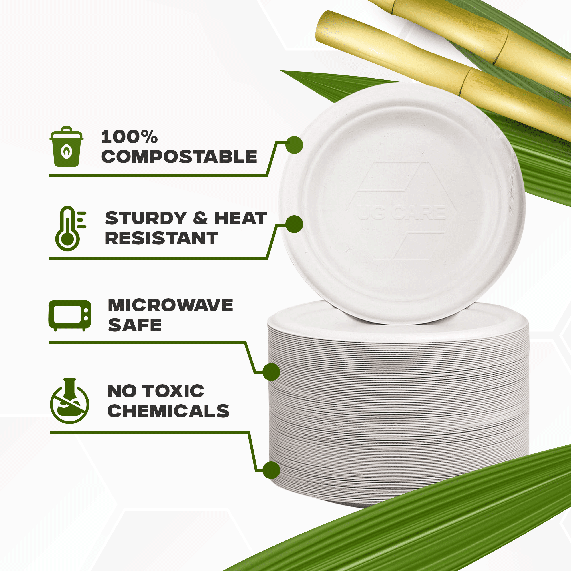10 Inch Compostable Dinner Plates, 125 Count Bulk, GOODSZON Sugarcane Bagasse Round Plates, Heavy Duty Leak-Resistant, Microwave Safe Disposable Plates for Party, BBQ & Weddings