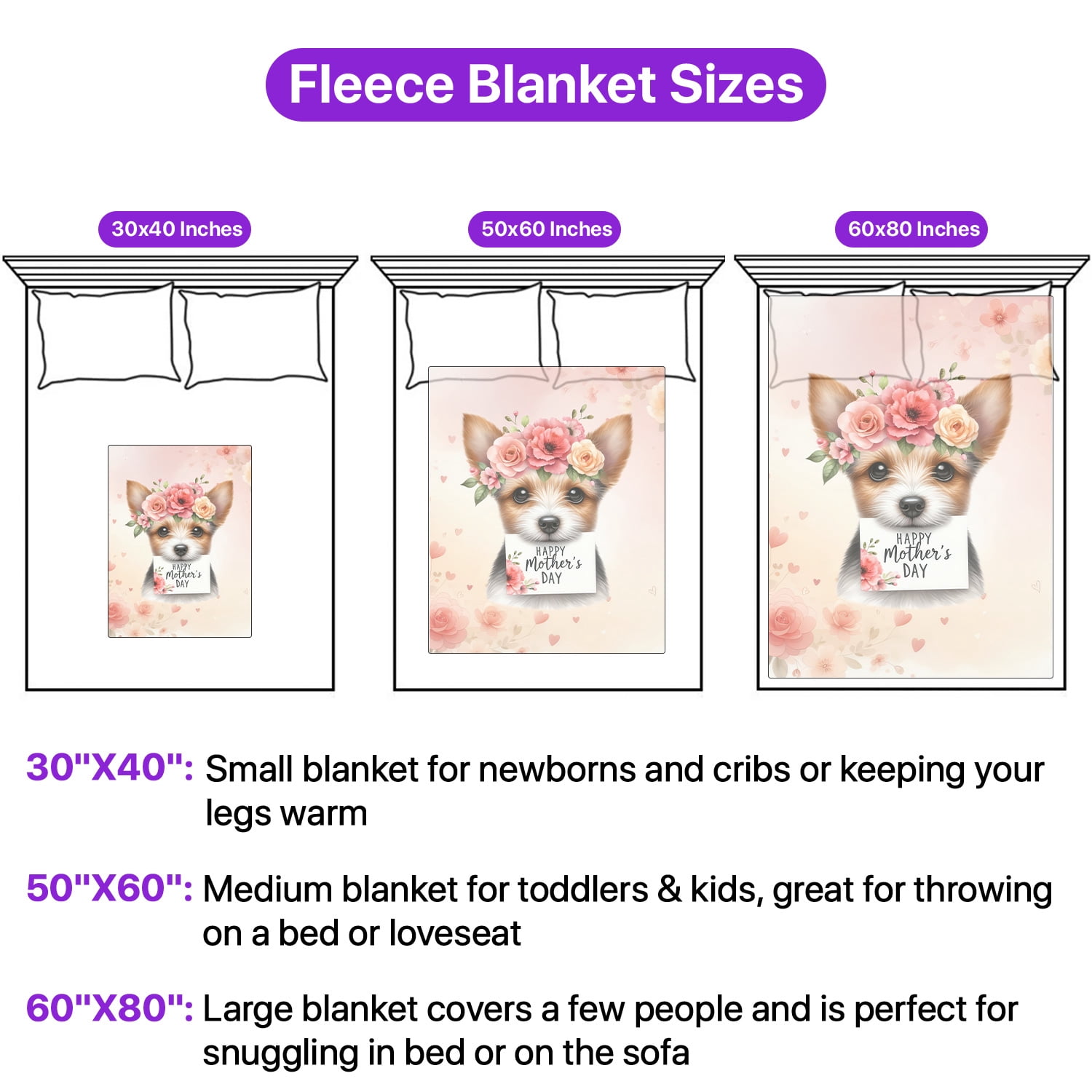 Happy Mother's Day Toy Fox Terrier with Flower Crown and Greeting Card Cozy Fleece Blanket Dog Lover Warm Soft Throw Blanket - 13004