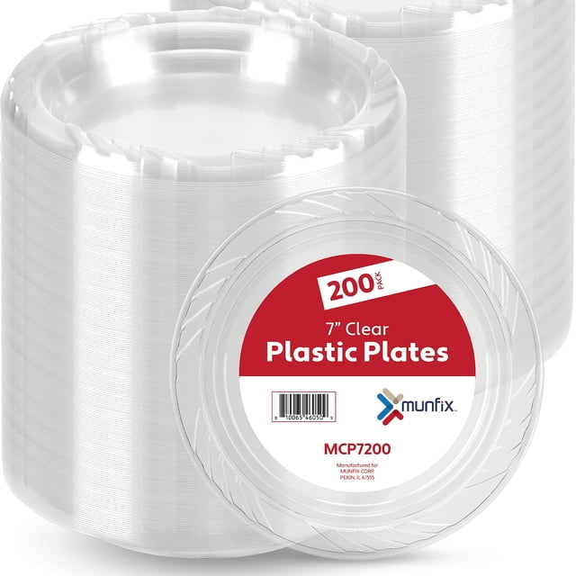 Platos de plástico Munfix 200 transparentes, 18 cm, aptos para microondas, reciclables