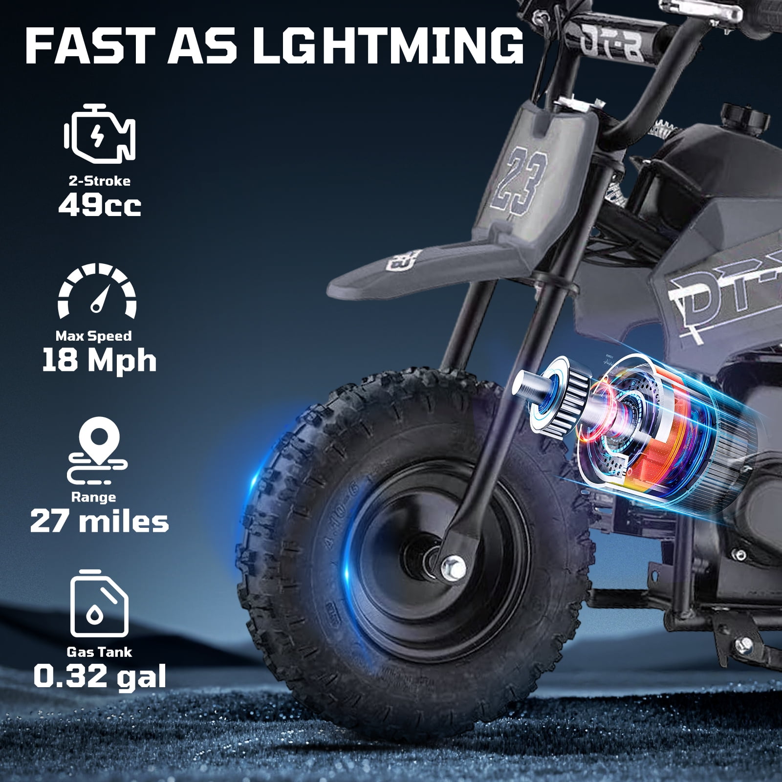 Aoemoe Mini Kid Dirt Bike, 49 CC 2-Stroke Gas Bike with Off-Rode Tire, Suspensions, Disc Brakes, Max Load 160Lbs, Up to 20Mph, EPA Approved