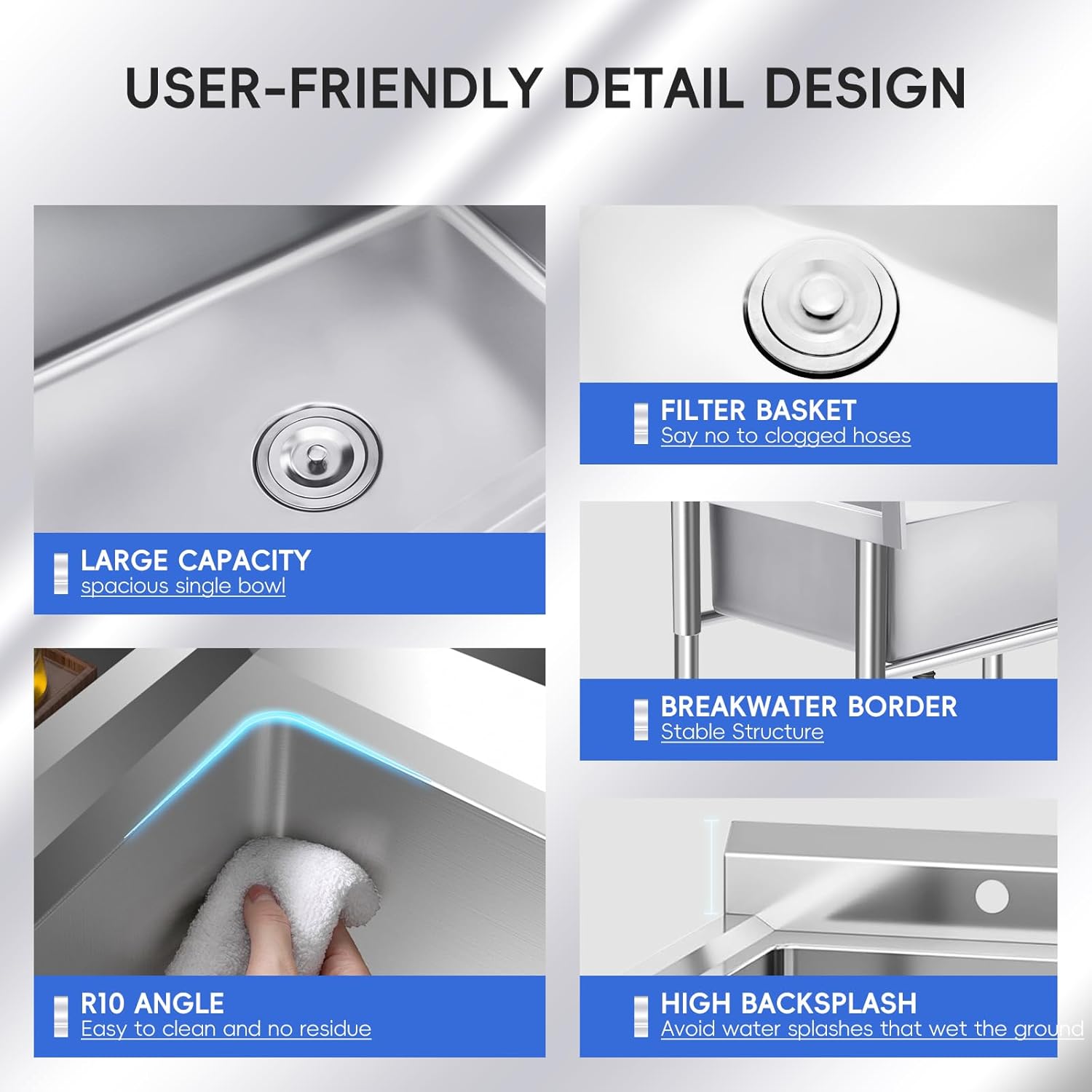 Commercial Stainless Steel Sink,Utility Sink Free Standing Single Bowl for Restaurant